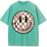 Retro Checkered Leopard Smiley vintage washed oversized T-shirt in Blue