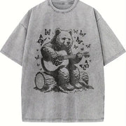 Bear Playing Guitar Retro Vintage Washed T-Shirt in Gray
