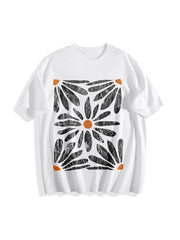 Boho Daisy Botanical Knit Cotton T-Shirt in White