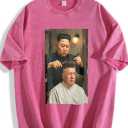 Kim Jong Un Cutting Donald Trump's Hair (Us) Vintage Washed T-Shirt in Red