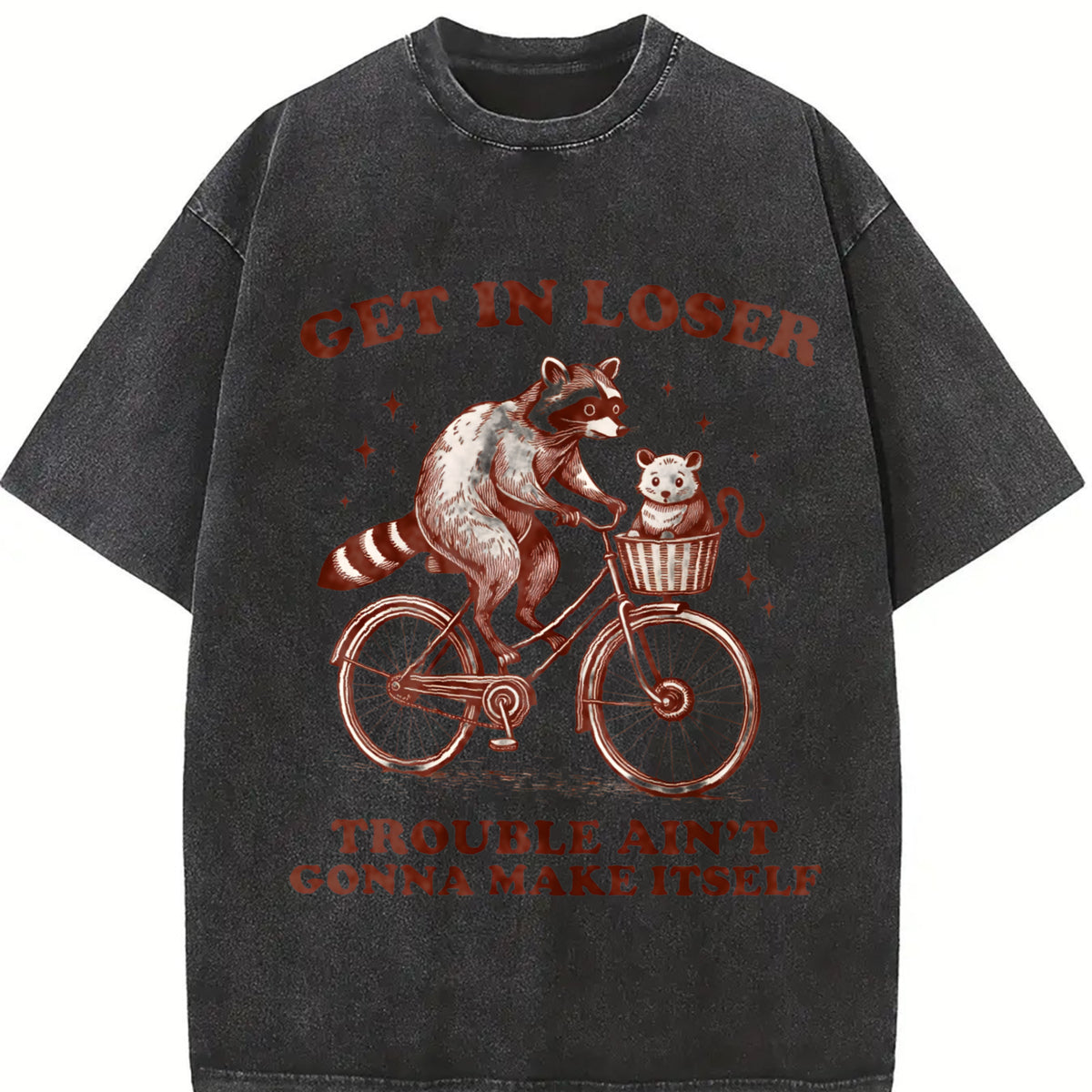 Get in Loser Raccoon Cat Animal Vintage Washed T-Shirt in Black