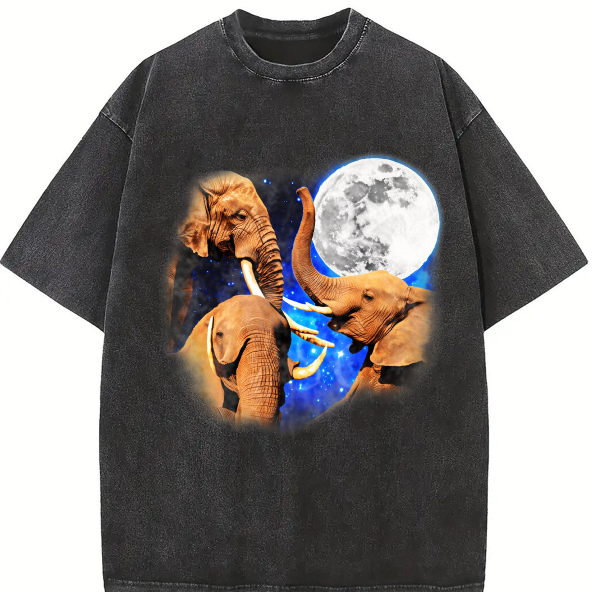 Three Elephants Moon 90s Vintage Washed T-Shirt in Black