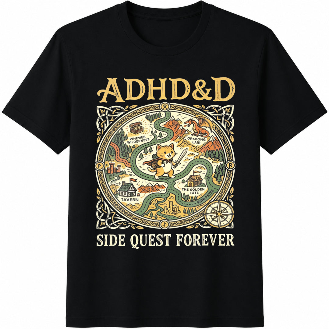Dnd ADHD&D Side Quest Forever Cotton T-Shirt in Black