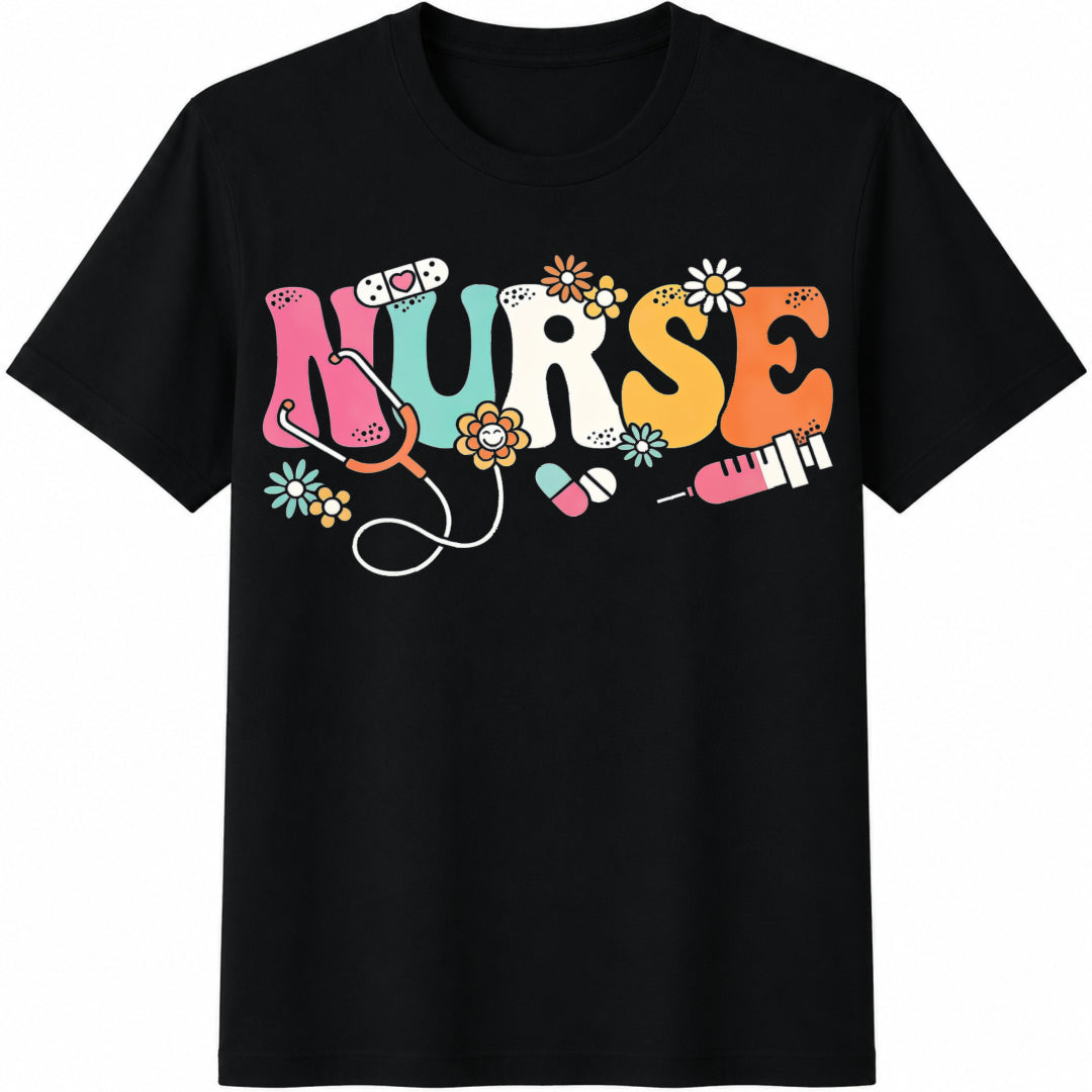Nurse Floral Medical Icons Cotton T-Shirt in Black