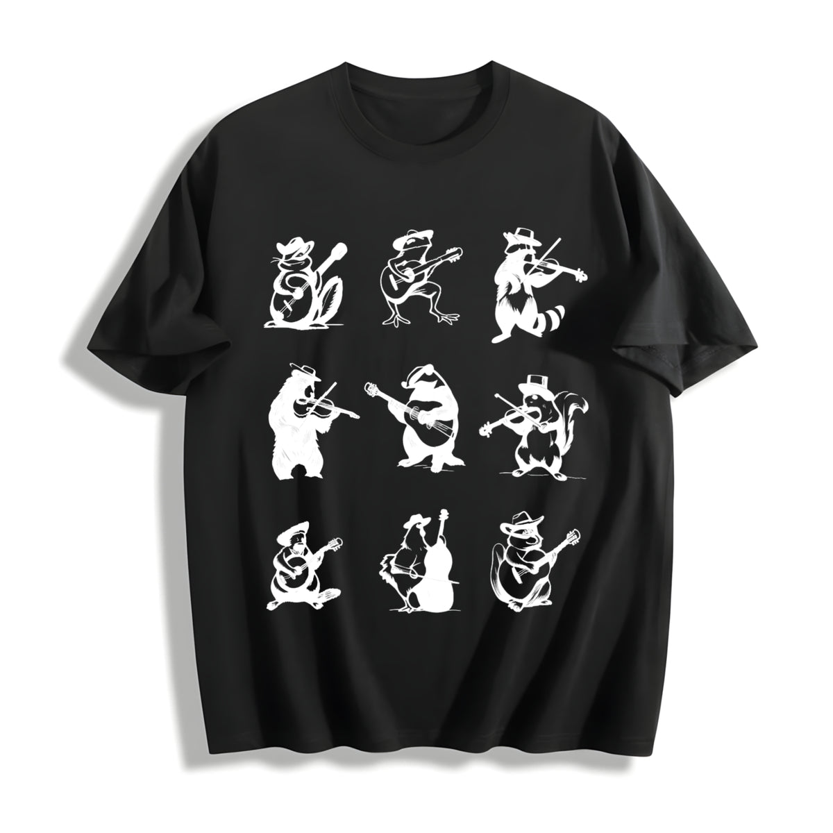 Animals Playing Music Cotton T-Shirt in Black