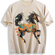 New Year's Winter Ethnic Exotic Golden Edition Black Horse Vintage Washed T-Shirt in Beige