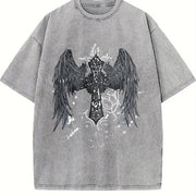 Gothic Angel & Cross Back Dark Grey/Black Retro for vintage washed oversized T-shirt in Gray
