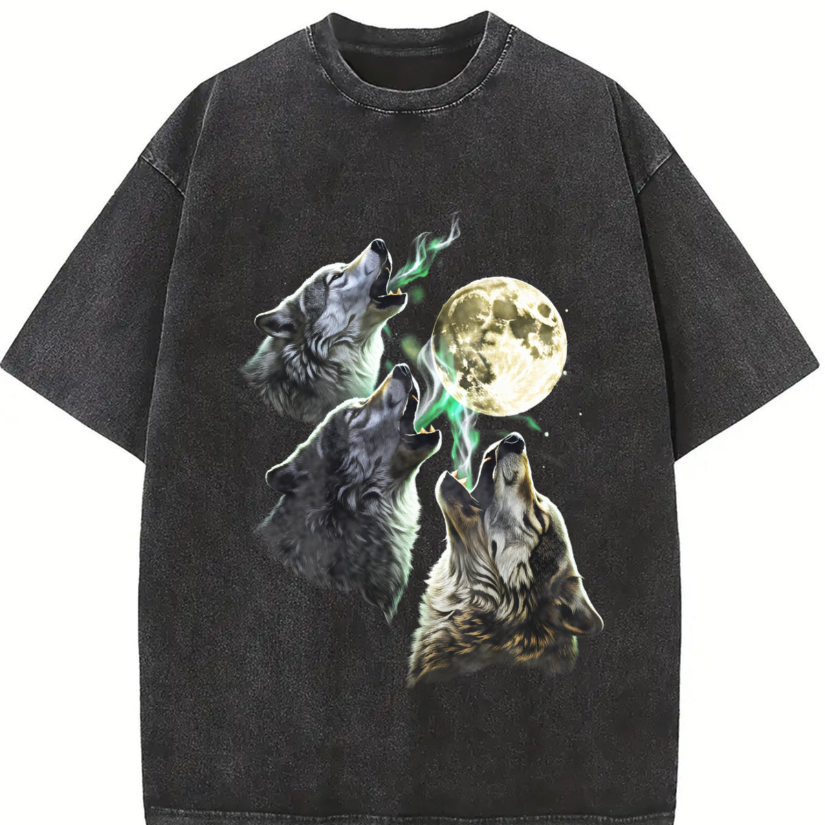 Wolves Howling to Moon 90s Vintage Washed T-Shirt in Black