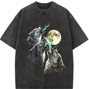 Wolves Howling to Moon 90s Vintage Washed T-Shirt in Black