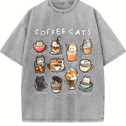 Coffee Cats Cat Drink Vintage Washed T-Shirt in Gray
