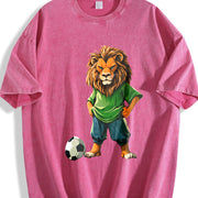 Lion Soccer Player Vintage Washed T-Shirt in Red