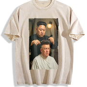 Kim Jong Un Cutting Donald Trump's Hair (Us) Vintage Washed T-Shirt in Beige