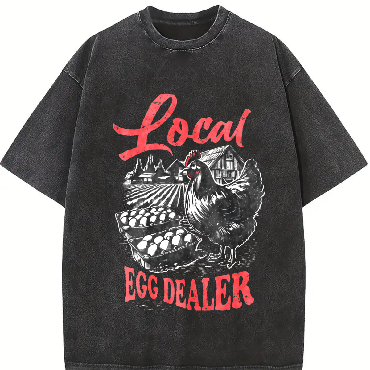 Retro Local Egg Dealer Chicken 90s Vintage Washed T-Shirt in Black
