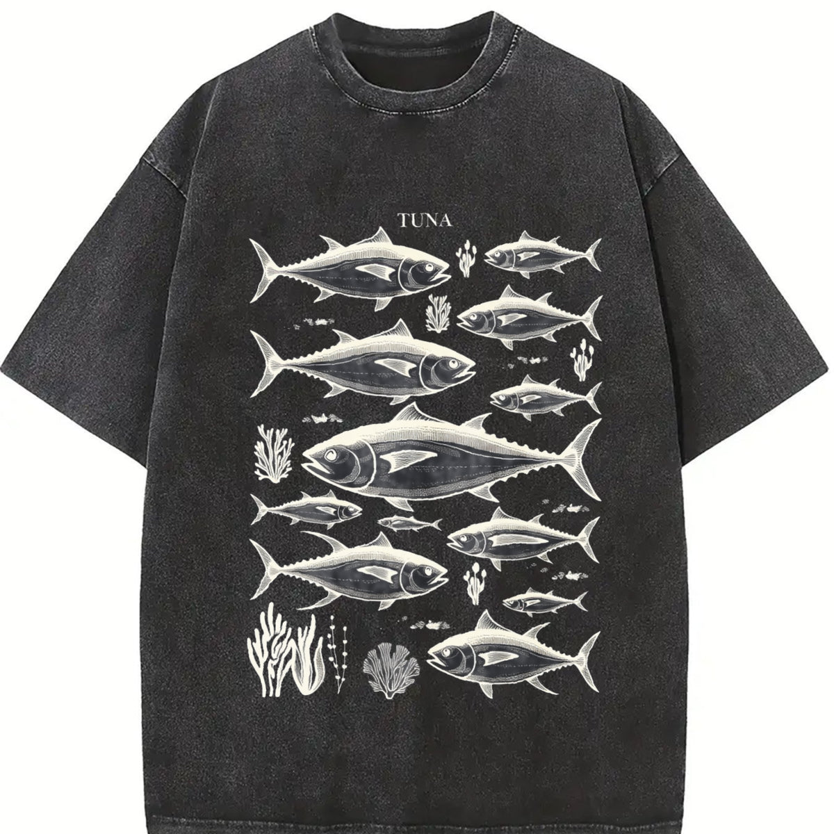 Tuna Fish 90s Retro ® Fisherman Ocean Y2k Vintage Washed T-Shirt in Black