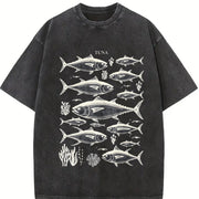 Tuna Fish 90s Retro ® Fisherman Ocean Y2k Vintage Washed T-Shirt in Black