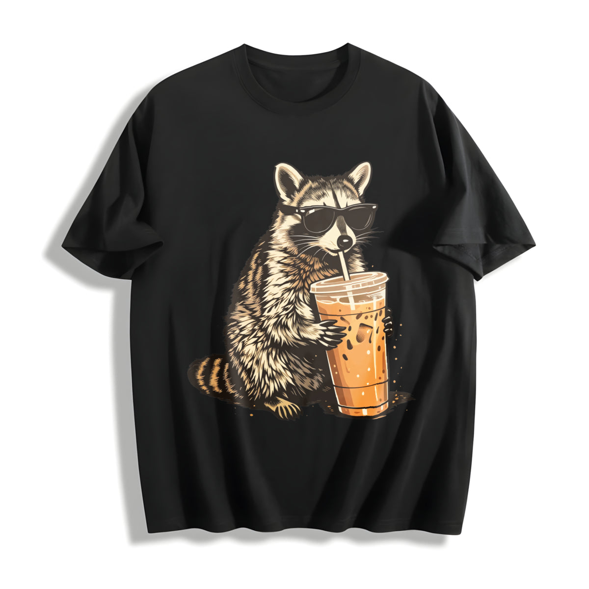 Raccoon Iced Coffee Cotton T-Shirt in Black