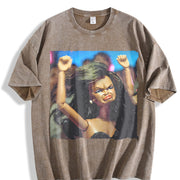 Glam Doll Raising Both Fists Vintage Washed T-Shirt in Brown