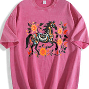 Bohemian Floral & Black Horse Vintage Washed T-Shirt in Red