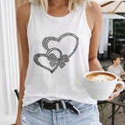 Heart Bow Rhinestones Crew-neck Sleeveless Vest Outdoor Women's Color Cotton Tank Top in White
