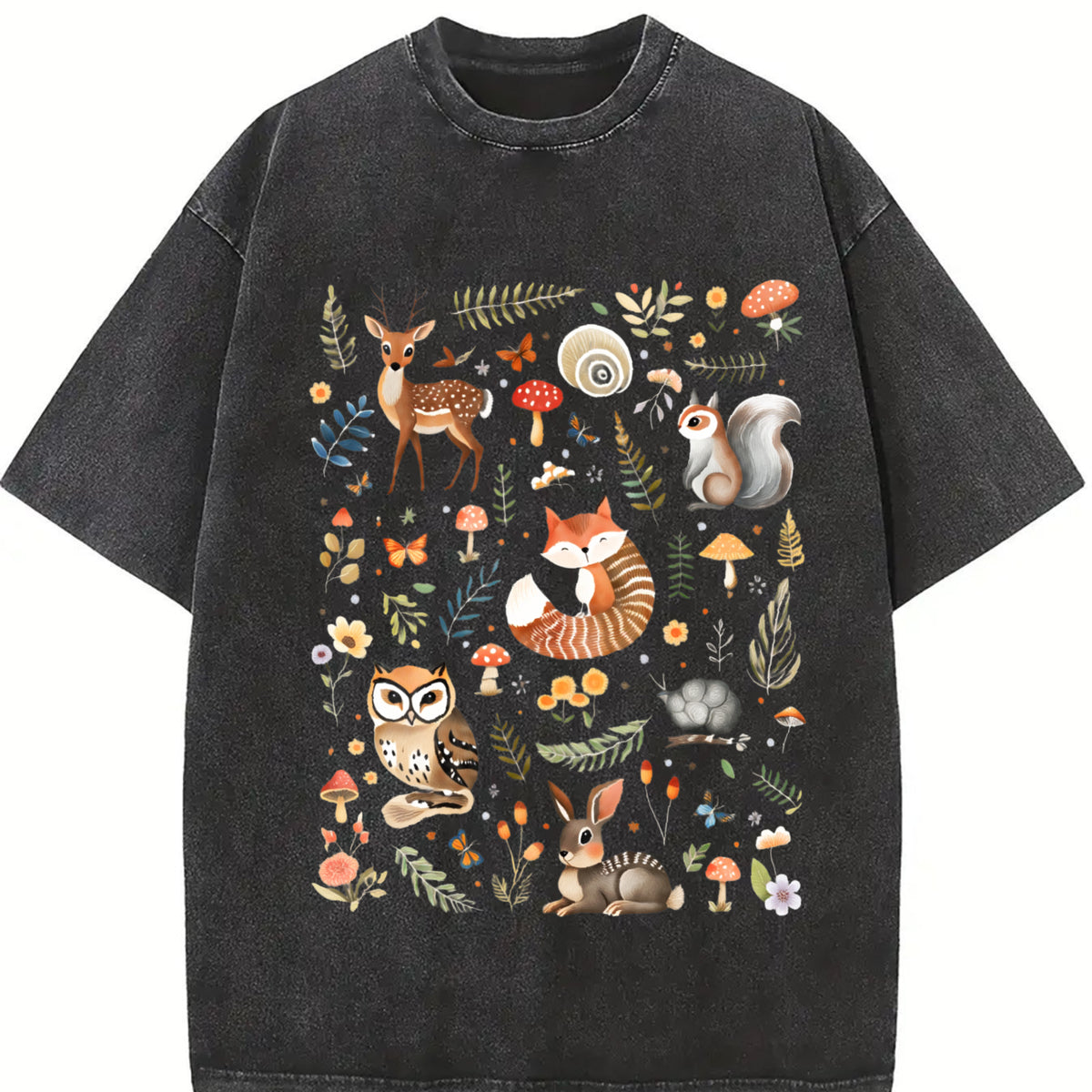 With Forest Animals and Flowers Vintage Washed T-Shirt in Black