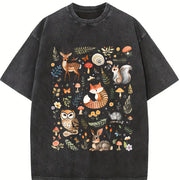 With Forest Animals and Flowers Vintage Washed T-Shirt in Black