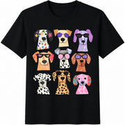 Cute Dog Colorful Puppy Cotton T-Shirt in Black