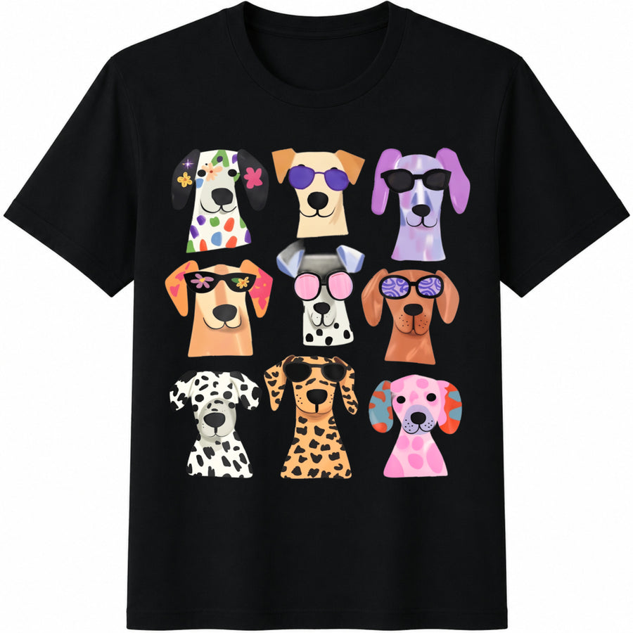 Cute Dog Colorful Puppy Cotton T-Shirt in Black