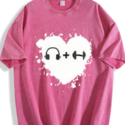 Headphones Dumbbell Heart Vintage Washed T-Shirt in Red