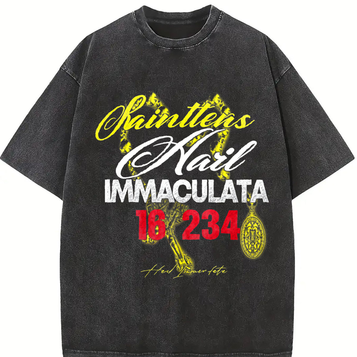 Hail Immaculata Vintage Washed T-Shirt in Black