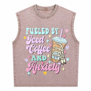 Fueled by Iced Coffee and Anxiety Coffee Lover Vintage Washed Tank Top in Brown