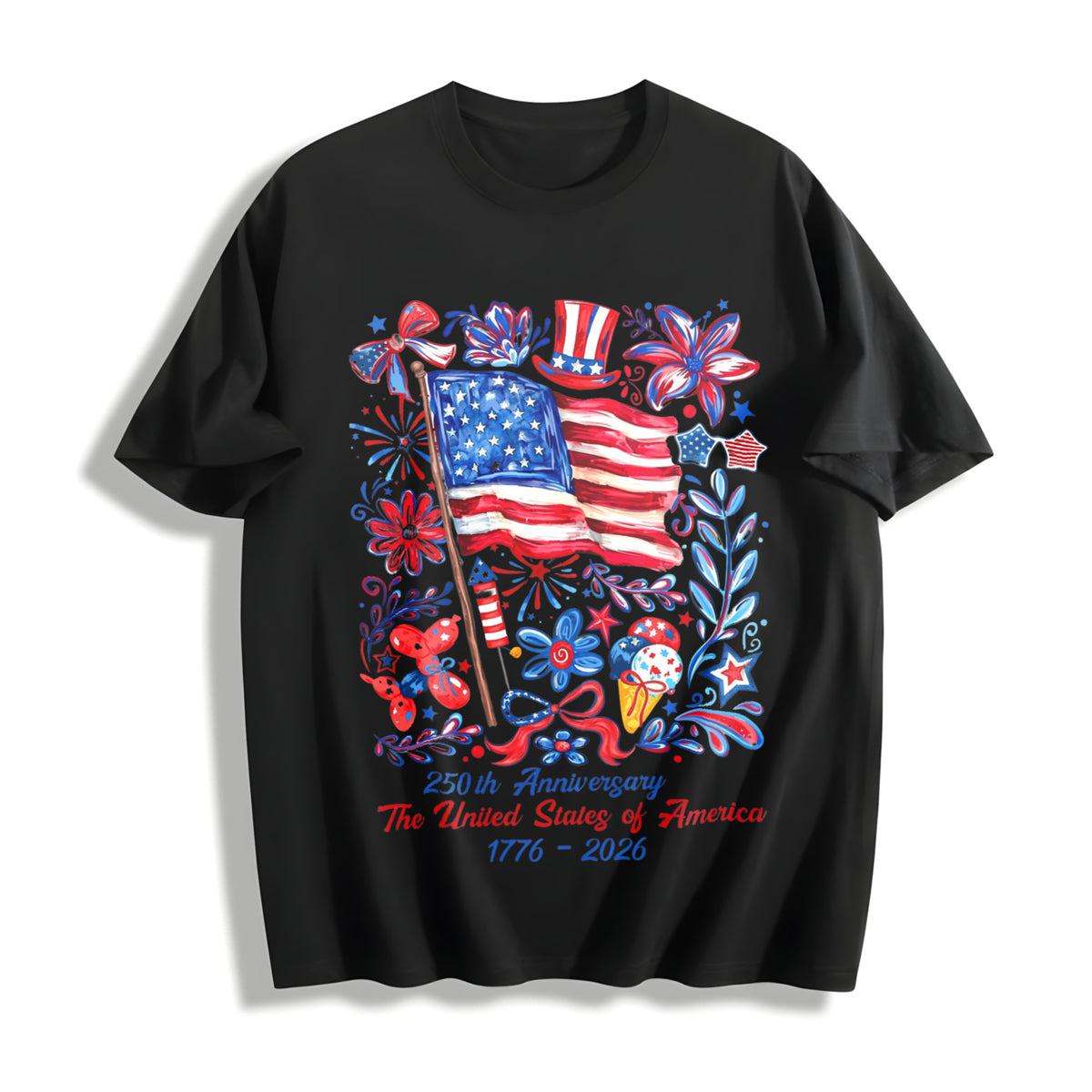 USA 250th Anniversary 4th of July Back Independence Day Cotton T-Shirt in Black