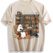 Retro Ghost Reading Books Vintage Washed T-Shirt in Beige