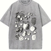 Fruits and Berries Retro 90s Tattoo Vintage Washed T-Shirt in Gray