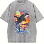 Midnight Orca Ocean Sunset vintage washed oversized T-shirt in Gray