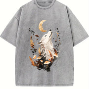 Autumn Looking Up Noble Elegant White Fox Vintage Washed T-Shirt in Gray