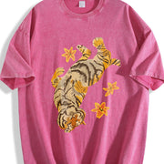 Couples Tiger Star Embellishment Hem Detail Artistic vintage washed oversized T-shirt in Red