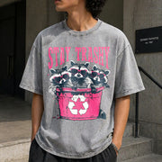 Stay Trashy Black with Pink Raccoon & Bin Vintage Washed T-Shirt in Gray