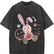 A Whimsical Cartoon Rabbit with Long Pink Ears Vintage Washed T-Shirt in Black