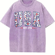 Floral USA America Vintage Washed T-Shirt in Purple