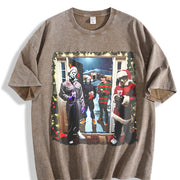 Retro Christmas Horror Movies Vintage Washed T-Shirt in Brown