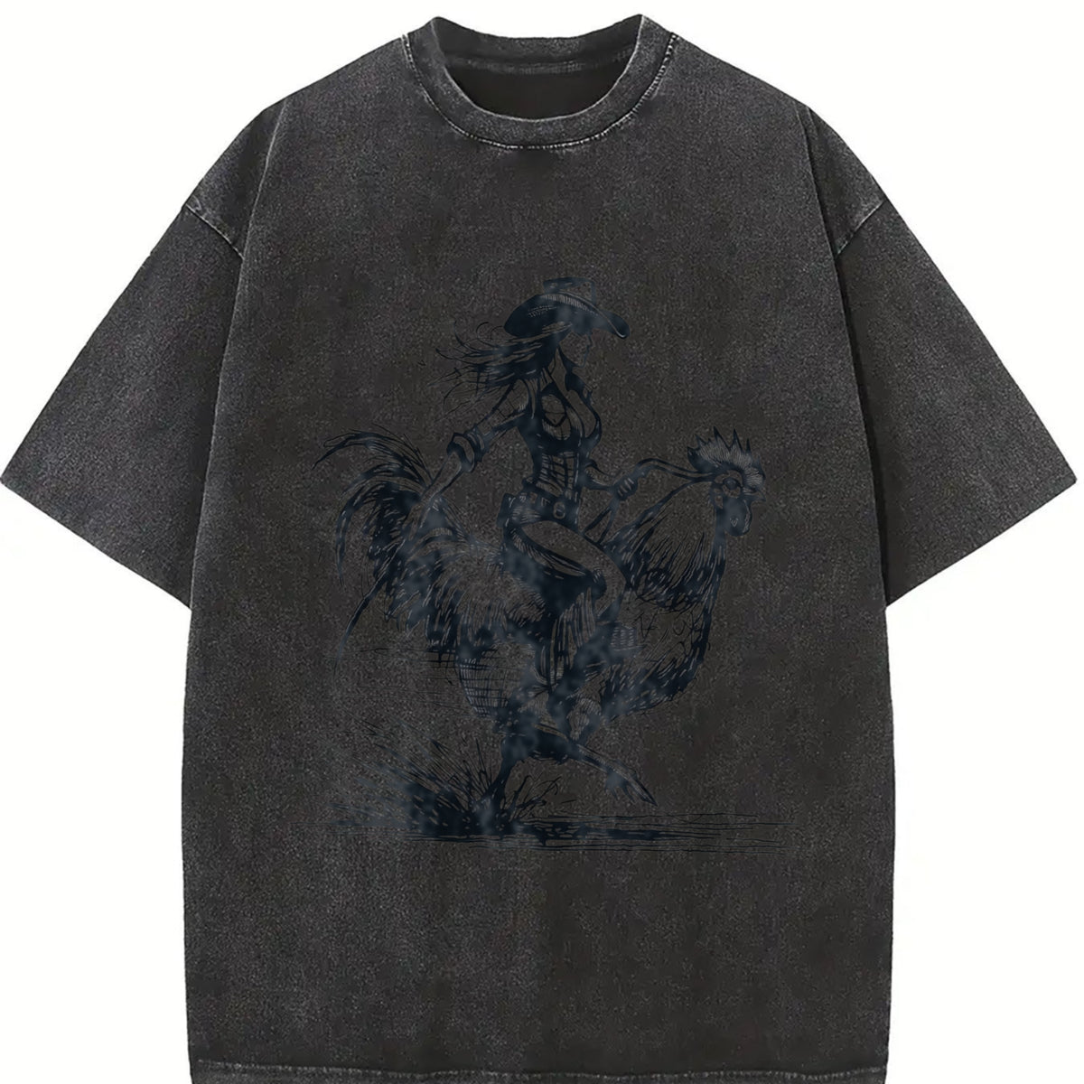Retro Cowgirl Riding Chicken 90s Vintage Washed T-Shirt in Black