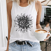 Sun Flame Mandala Art Crew-neck Sleeveless Vest Outdoor Women's Color Cotton Tank Top in White