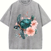 Floral Turtle & Peach Blossom Vintage Washed T-Shirt in Gray