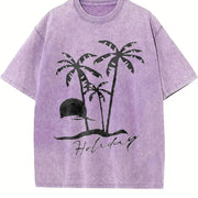 Beach Short-sleeved Sunset Beach for Spring Vintage Washed T-Shirt in Purple
