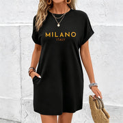 Off-shoulder Loose Long Dress with Pockets Cotton T-Shirt in Black