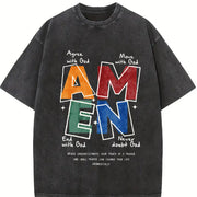 AMEN Classic Letter Header for Distressed God Bless Vintage Washed T-Shirt in Black