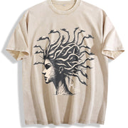 Retro Medusa Goose Head 90s Vintage Washed T-Shirt in Beige