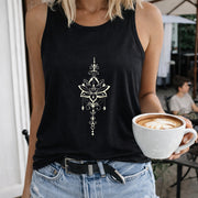 Sleeveless Racer Vest with Lotus Flower Women's Color Cotton Tank Top in Black