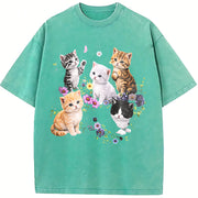 Cute Kitten Floral vintage washed oversized T-shirt in Blue