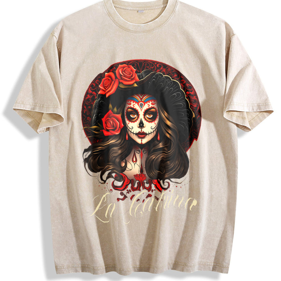 La Catrina Dress Stylish Day of the Dead Costume La vintage washed oversized T-shirt in Beige